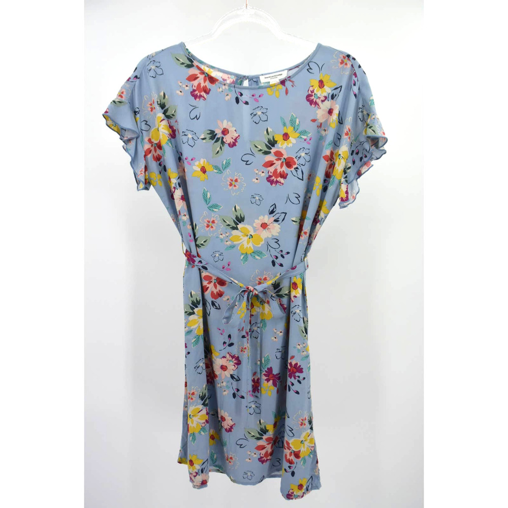 BeachLunchLounge Blue Floral Short Ruffle Sleeve Tie Waist Dress Womens M